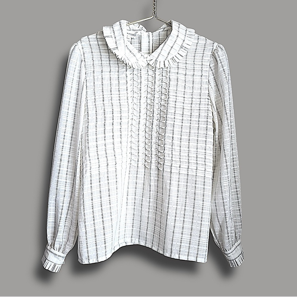 Vintage Simon Chang Box Pleat Peter Pan Collar Faux Pearl Button Down Blouse